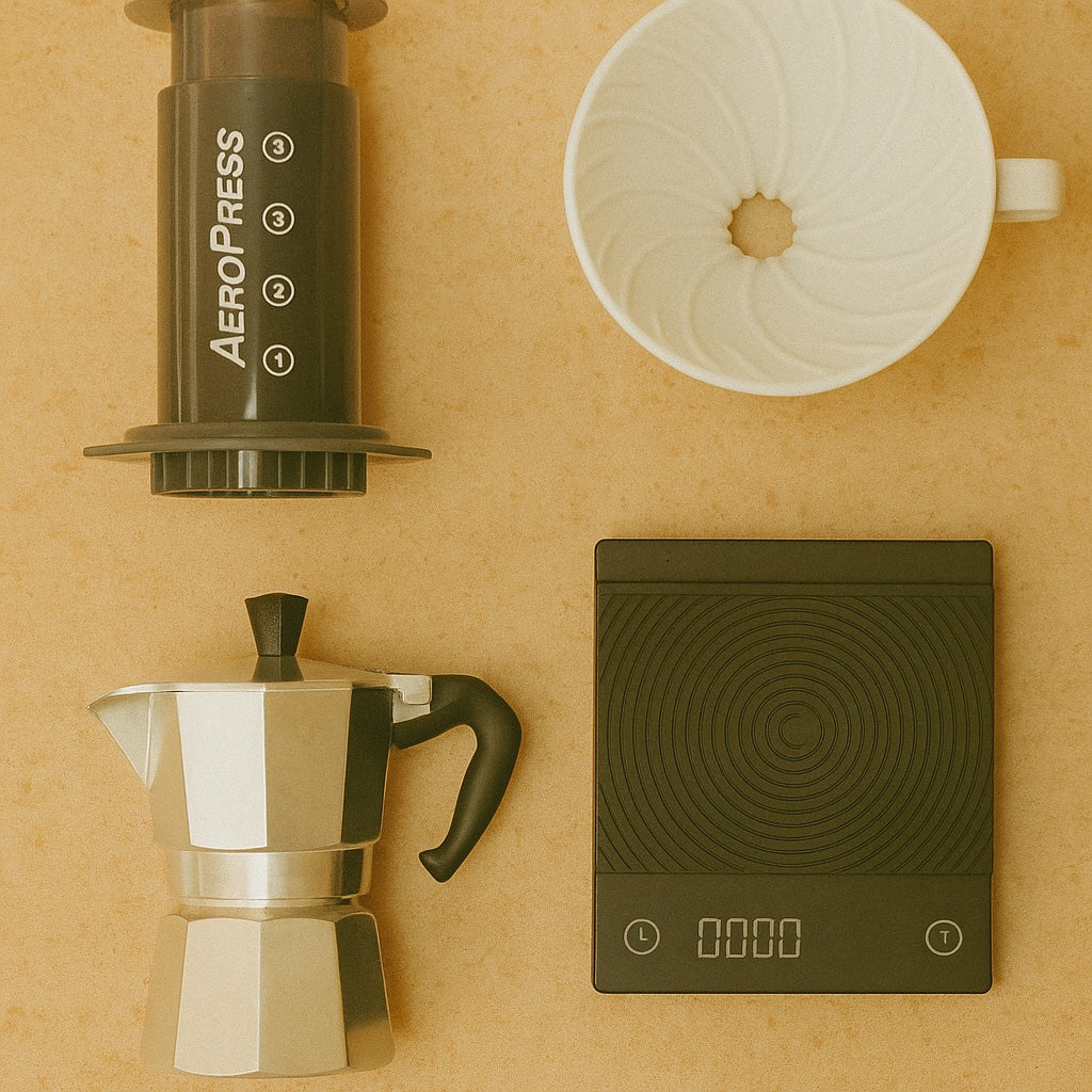 AeroPress, pour-over dripper, moka pot and scale laid out for brewing coffee at home
